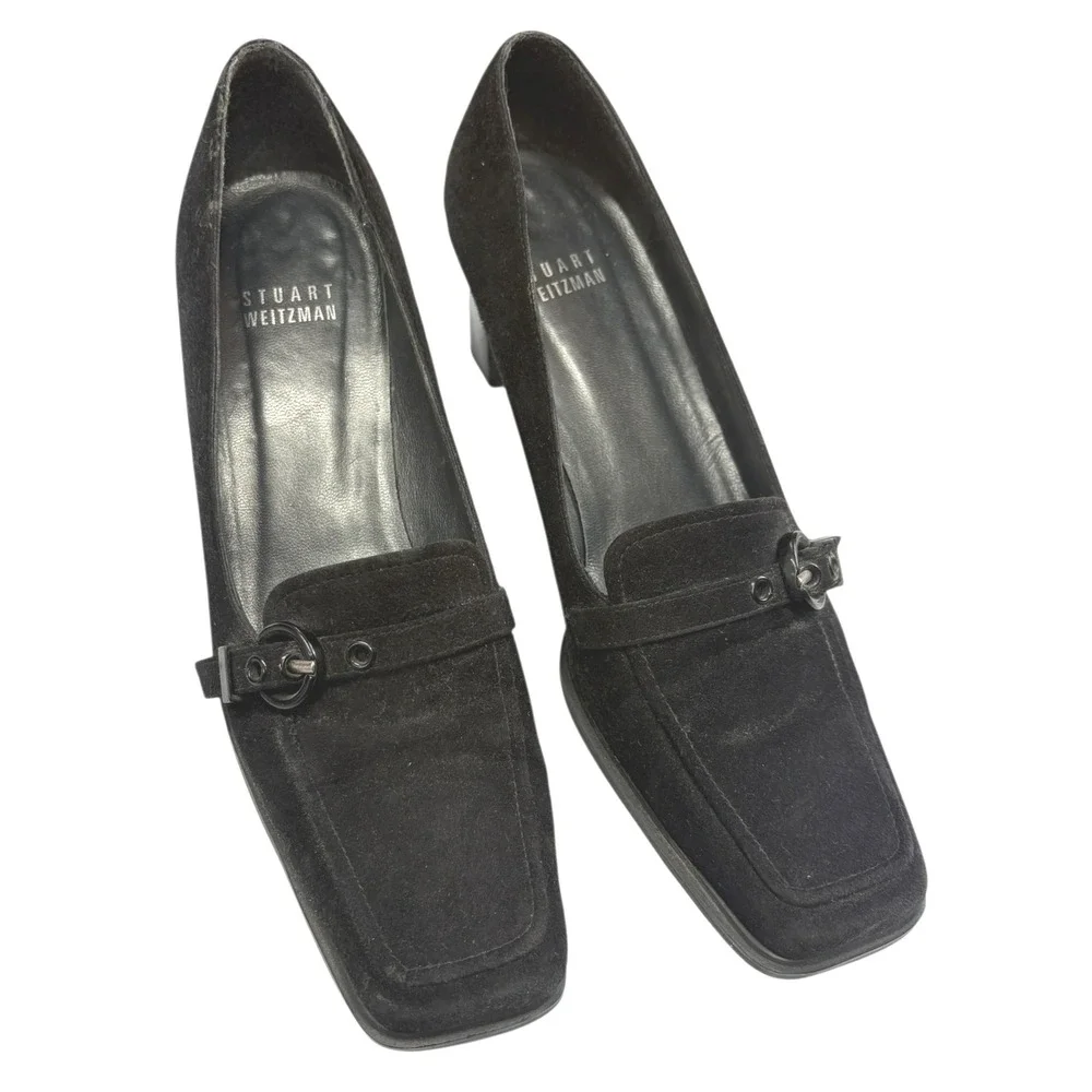 Stuart Weitzman Women's Black Suede Leather Square Toe Heeled Loafers Retro 5.5